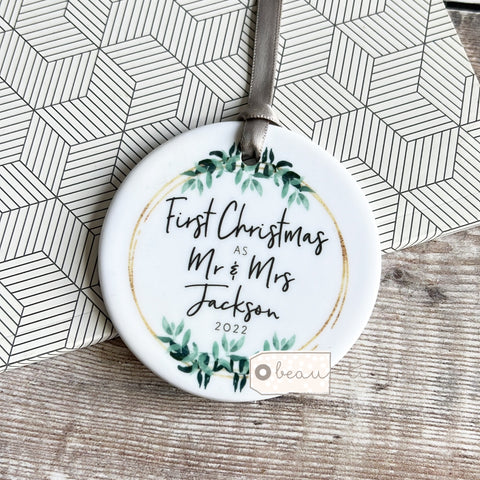 First Christmas as Mr and Mrs Mr and Mr Mrs and Mrs Botanical Round Ceramic Decoration Ornament