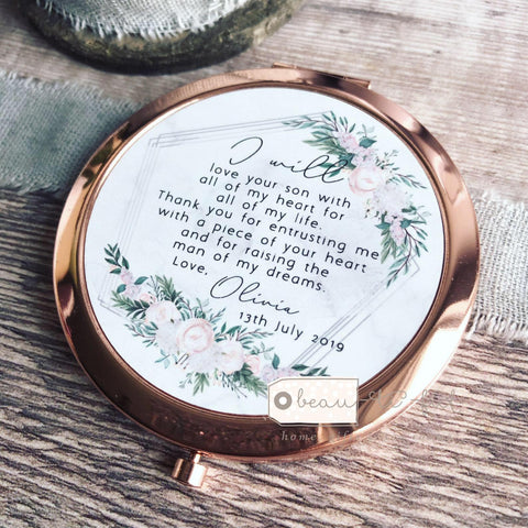 Personalised Mother of Groom Bride Thank you from Bride Groom Quote Floral Rose Gold Compact Mirror