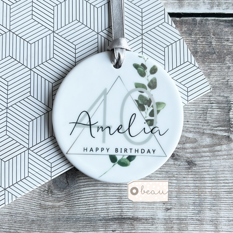 Personalised Happy Birthday 18th 21st 30th 40th .... Modern Geometric Greenery design...Round Keepsake ornament