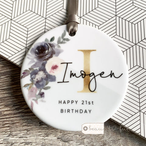 Personalised Happy Birthday Milestone 18 21 30 40 50 60 70 80 Mauve Floral Keepsake Ornament