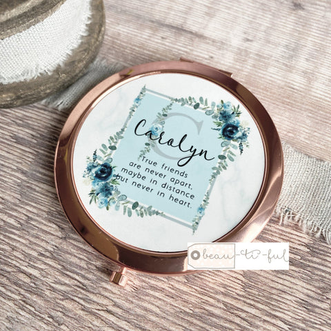 Personalised Initial and Name True Friends...Quote Dusky Blue Floral Greenery Compact Mirror