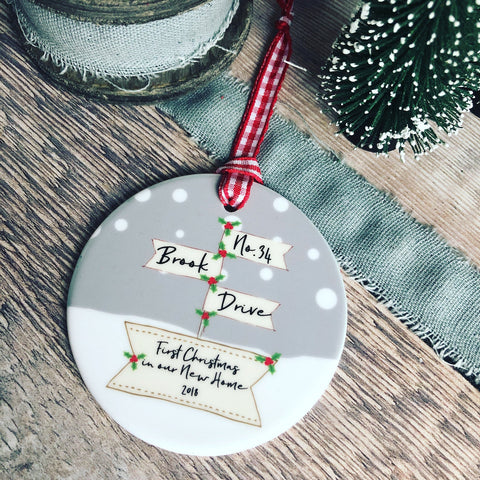 Personalised First Christmas In New Home with Address line Signpost Ceramic Round Christmas Decoration Ornament
