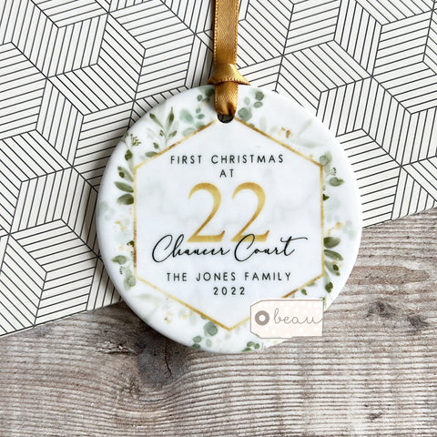 Personalised First Christmas In our New Home Address Geo Greenery Round Ceramic Tree Hanger Decoration Ornament