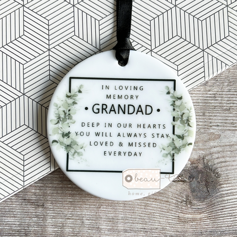 Personalised Memorial Deep in our hearts .. Eucalyptus Round Ceramic Ornament Decoration