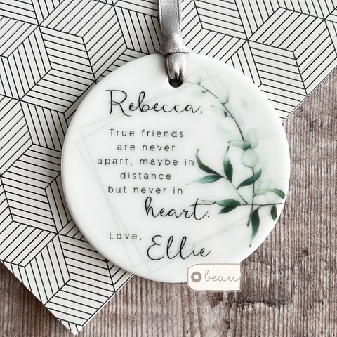 Personalised True friends are never far apart Modern Greenery..Round Ceramic Keepsake