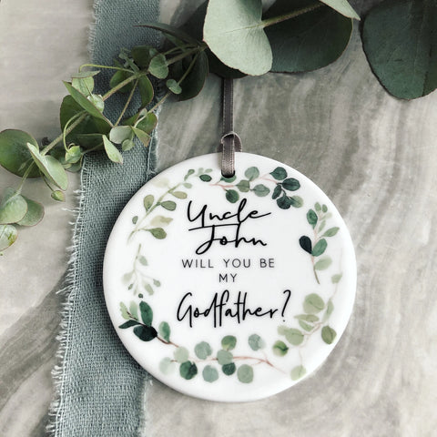 Personalised Will you be my Godfather Godmother Godparents Botanical Greenery Design Ceramic Keepsake