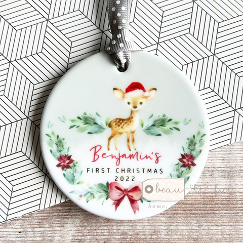 Personalised Baby Baby’s First Christmas Woodland Deer Gift Boy Girl Acrylic or ceramic Round Decoration