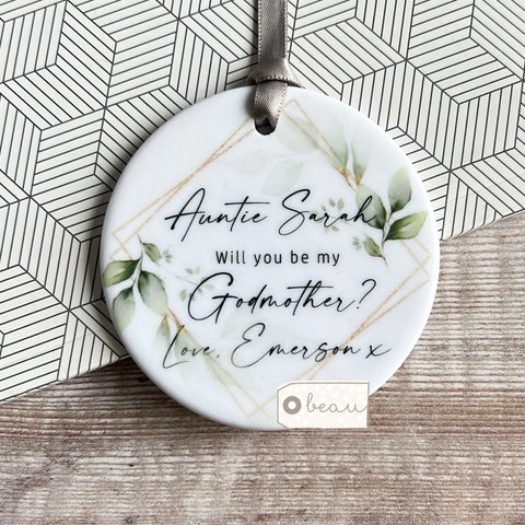 Personalised Will you be my Godfather Godmother Godparents Foliage Greenery Design Ceramic Keepsake