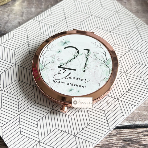 Personalised Birthday Age Name Modern Greenery Design Compact Mirror