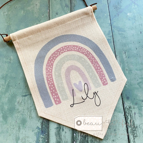 Personalised Name ... Pastel Pink Lilac Rainbow Design Quote Linen Style Hanging Pennant