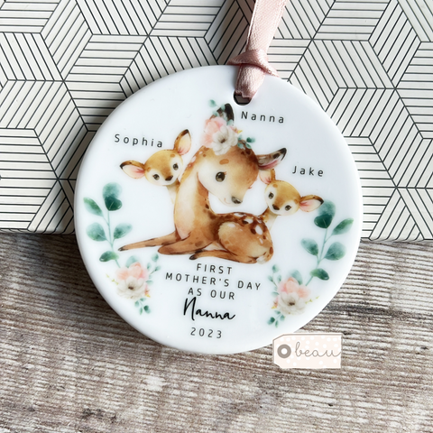 First Mother’s Day as a … Mum Grandma Nan Nanna Gran Nanny Mummy Mammy Deer Greenery... Round Keepsake Hanger - Mother’s Day