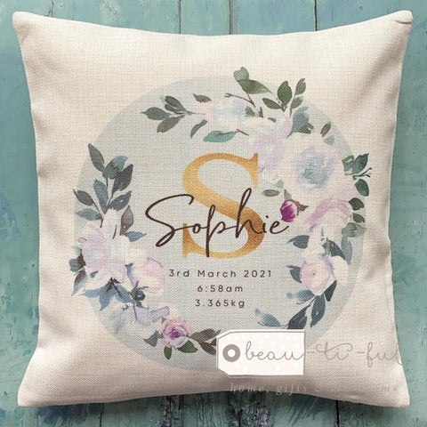 Personalised New Baby Name and Initial White Pink Floral Wreath Cushion