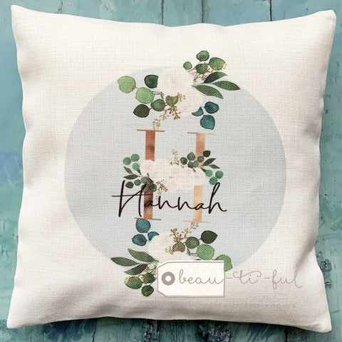 Personalised Name and Initial White Floral Greenery Cushion