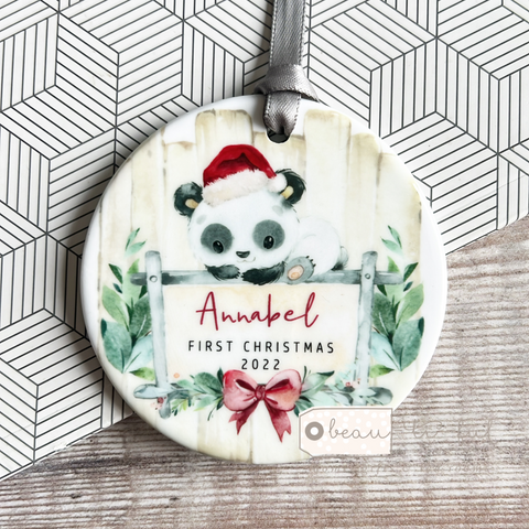Personalised Baby Baby’s First Christmas Panda Gift Boy Girl Acrylic or ceramic Round Decoration
