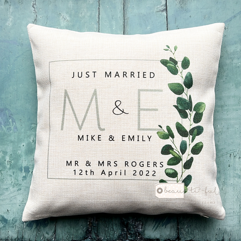 Personalised Just Married Botanical Design New Home Quote Linen Style Cushion