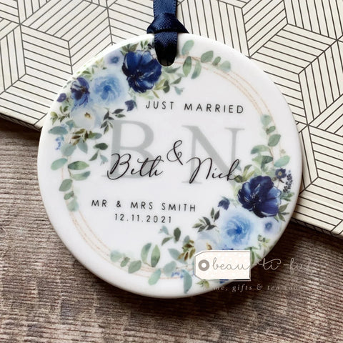 Personalised Just Married Mr & Mrs Wedding Blue Bouquet Floral Greenery Ceramic Keepsake