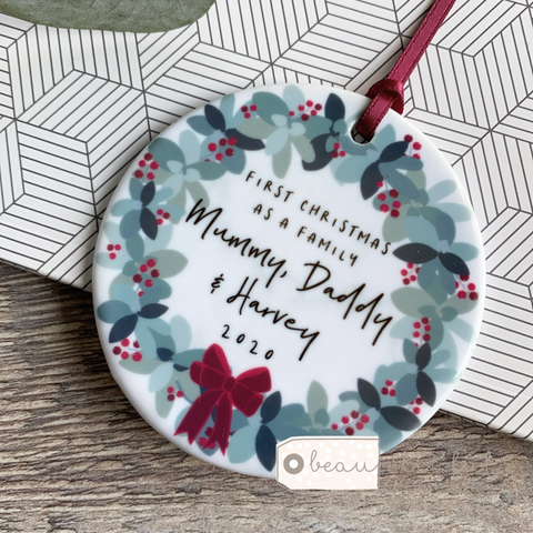 Personalised First Christmas as a Family Traditional Wreath Greenery Ceramic Round Decoration