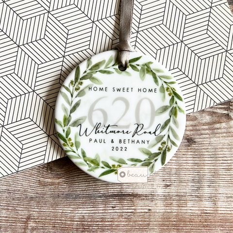 Personalised Home Sweet Home New Home address Eucalyptus Wreath Ceramic Ornament Keepsake