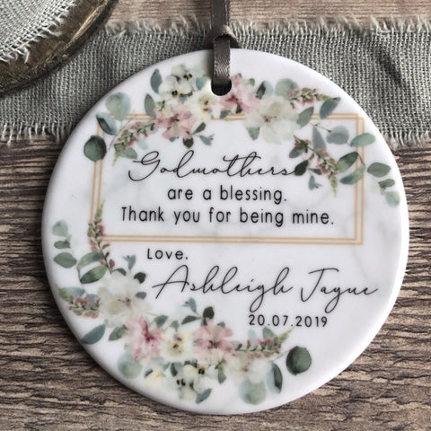 Personalised Godmother Godparents Thank you Decoration Floral Greenery Round Ceramic Keepsake