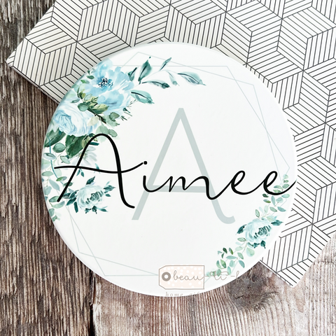 Personalised Name and Initial Pale Blue Floral Greenery Ceramic Round Coaster