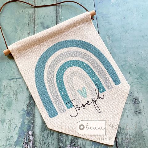 Personalised Name ... Teal Grey Rainbow Design  Quote Linen Style Hanging Pennant