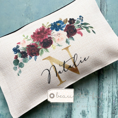 Personalised Name and Initial.. Burgundy Navy Floral Wreath Design Linen style Make up Bag