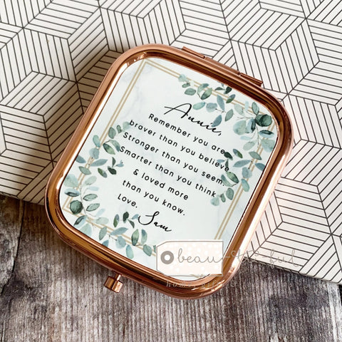 Personalised Remember you are braver… Quote Eucalyptus Greenery Rose Gold Square Compact