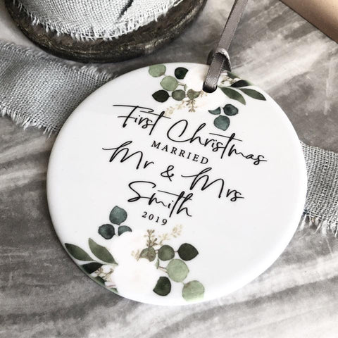 First Christmas Married Mr and Mrs Mr and Mr Mrs and Mrs Floral Botanical Round Ceramic Decoration Ornament