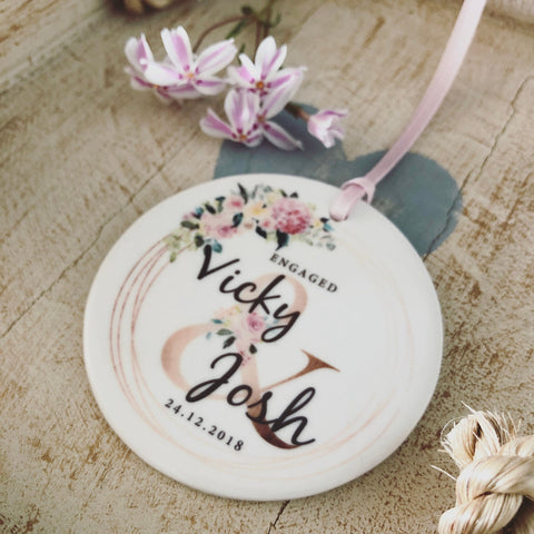 Personalised Engaged Engagement Floral Ceramic Round Decoration Ornament Keepsake