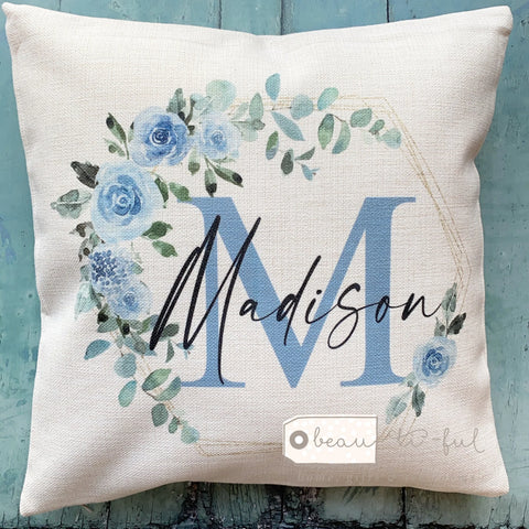 Personalised Name and Initial Pale Blue Floral Greenery Cushion