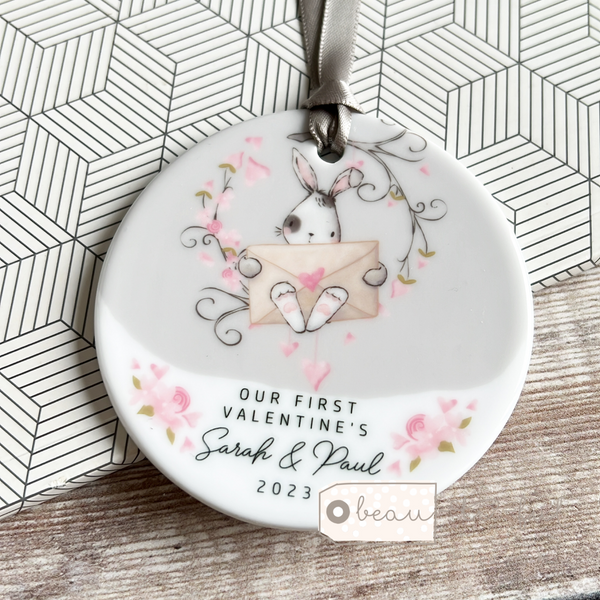 Personalised First Valentine’s Bunny Round Ceramic Keepsake Valentine ...