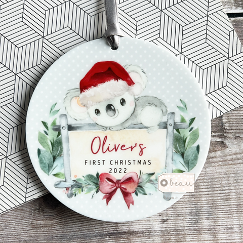 Personalised Baby Baby’s First Christmas Koala Gift Boy Girl Acrylic or ceramic Round Decoration