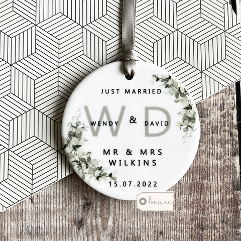 Personalised Just Married Mr & Mrs Wedding Eucalyptus Greenery Ceramic Ornament Keepsake