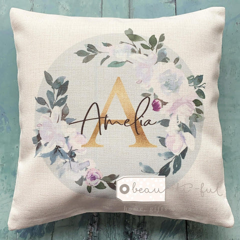 Personalised Name and Initial White Pink Floral Wreath Cushion