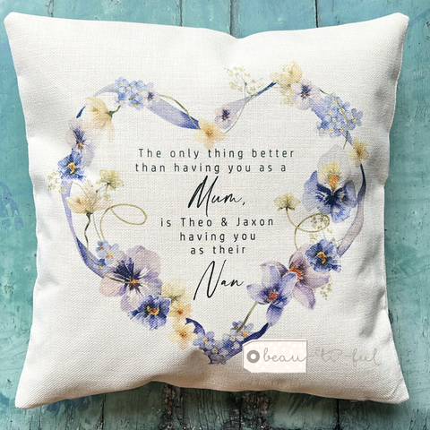 Personalised The only thing better than... Mum Nan lilac ribbon Floral heart Design Home Quote Linen Style Cushion