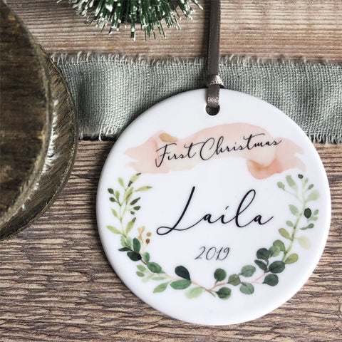 First Christmas Baby Girl Boy Eucalyptus Banner Ceramic Ornament Keepsake Decoration