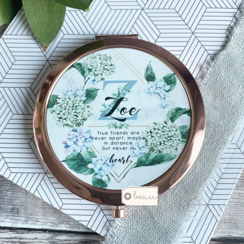 Personalised Initial and Name Never apart...Quote Blue Floral Greenery Rose Gold Compact