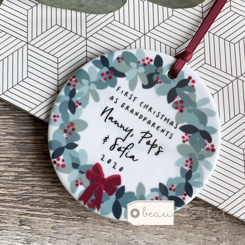 Personalised First Christmas as Grandparents Traditional Wreath Greenery Ceramic Round Decoration