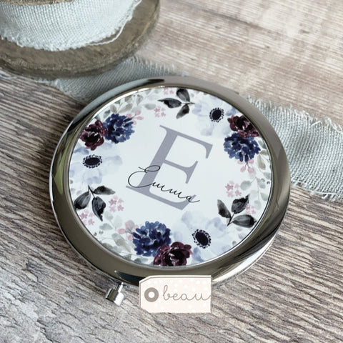 Personalised Initial and Name Navy Grey Burgundy Floral Compact Mirror
