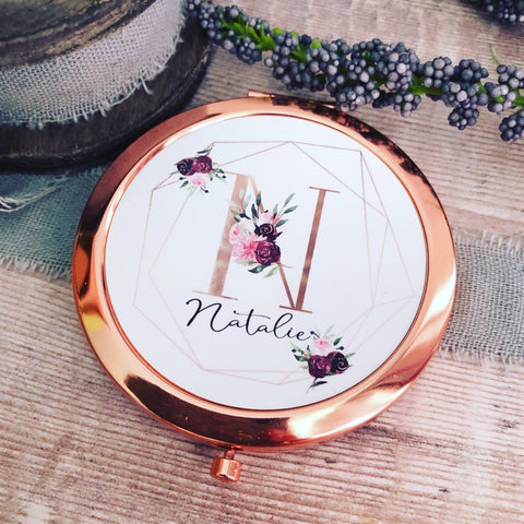 Personalised Initial and Name Burgundy Floral Geometric Design Rose Gold Compact Mirror