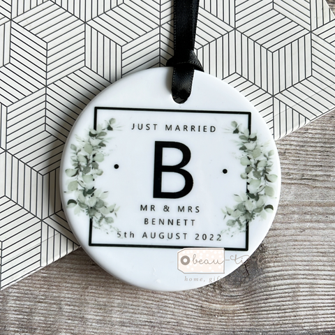 Personalised Just Married Mr & Mrs Wedding Eucalyptus Greenery Ceramic Ornament Keepsake