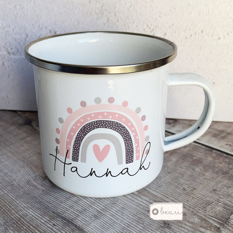 Personalised Name Pastel Pinks Rainbow Design Enamel Mug