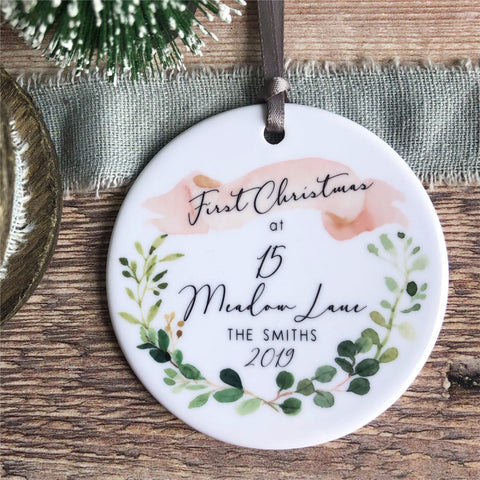 Personalised First Christmas at Address New Home Eucalyptus Banner ceramic ornament keepsake Decoration