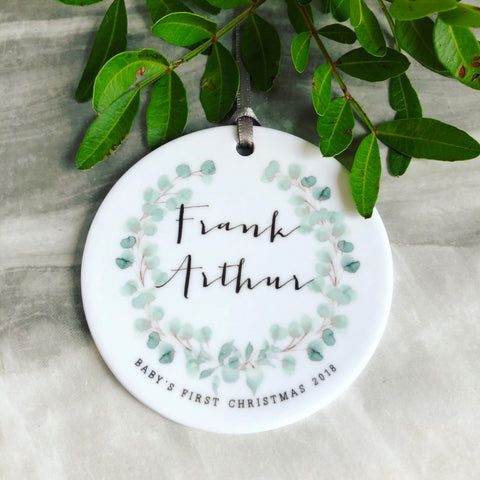 Personalised Baby’s First Christmas Eucalyptus Detail Decoration ....Round Ceramic - Ornament