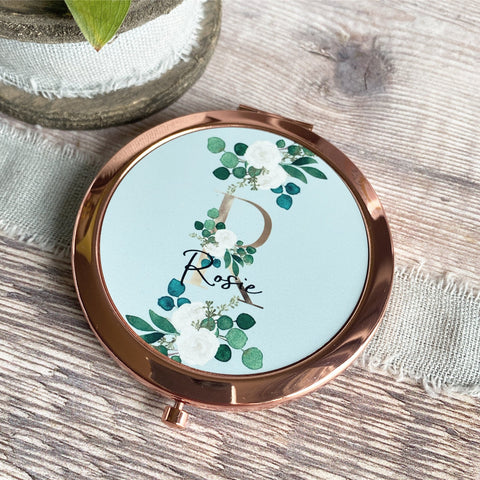 Personalised Initial and Name Floral Greenery Rose Gold Compact Mirror