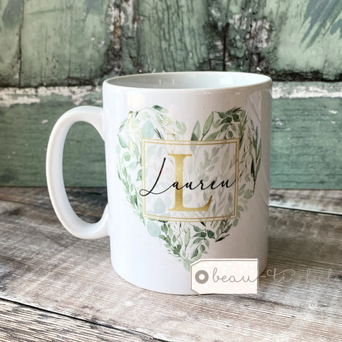 Personalised Name and Initial Mug with Eucalyptus Heart Detail