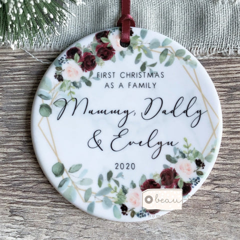 Personalised First Christmas as a Family Mummy Daddy Geo Greenery Ceramic Round Decoration