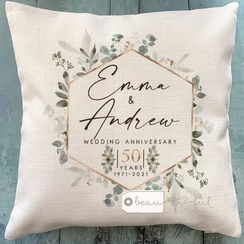 Personalised Mr Mrs Wedding Anniversary Years Geometric Eucalyptus Cushion cover