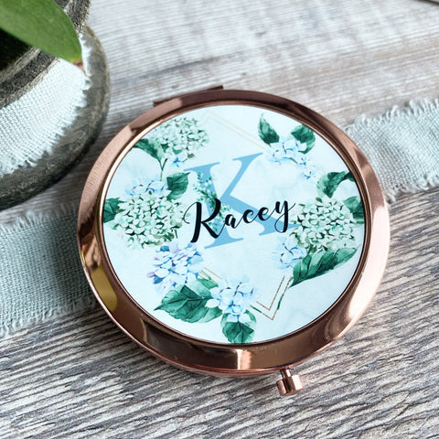 Personalised Initial and Name Blue Floral Greenery Rose Gold Compact Mirror