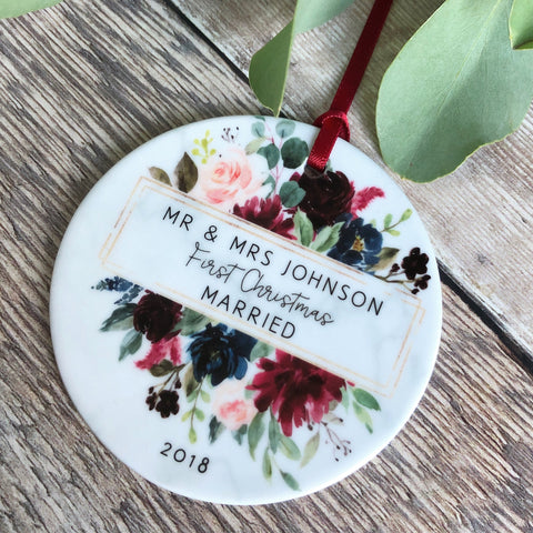 Personalised First Christmas Married Mr Mrs Burgundy Floral Ceramic Ornament ... - Keepsake Decoration